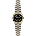 Elegant Tudor wristwatch with two-tone bracelet and luxurious black dial, perfect for any occasion.