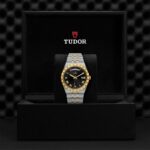 Elegant Tudor watch in luxurious presentation box, featuring a black dial and gold accents.