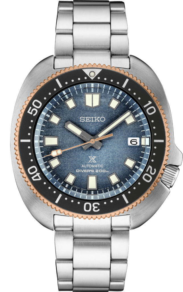 Seiko Divers 200m watch features a blue dial, robust design, and stainless steel bracelet.