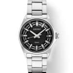 Stylish Seiko stainless steel watch with black face, water-resistant feature, and elegant design.