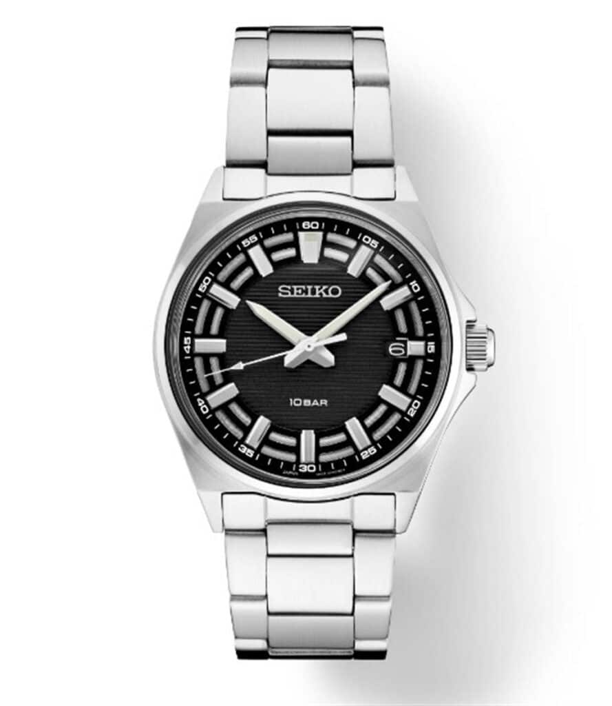 Stylish Seiko stainless steel watch with black face, water-resistant feature, and elegant design.