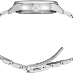 Sleek silver wristwatch with a polished case and stylish metallic link bracelet.