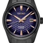 Elegant Seiko Presage watch featuring a black stainless steel case and deep purple geometric dial.