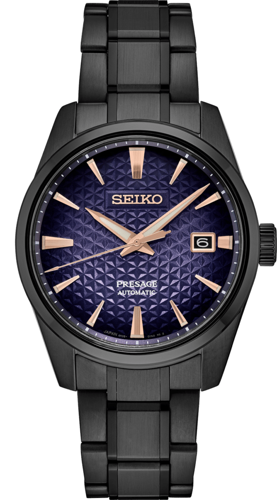 Elegant Seiko Presage watch featuring a black stainless steel case and deep purple geometric dial.