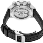 Stainless steel Seiko watch with leather strap, showcasing intricate mechanical movements and water resistance.
