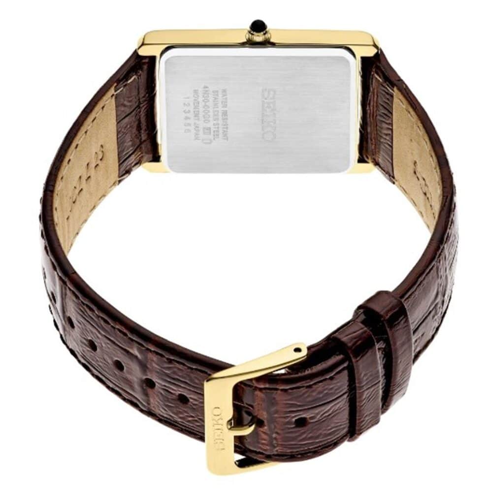 Elegant Seiko rectangular watch with gold case and brown leather strap, perfect for any occasion.
