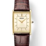 Elegant Seiko rectangular gold-tone wristwatch with crocodile-embossed leather strap, perfect for any occasion.