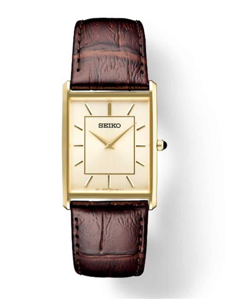 Elegant Seiko rectangular gold-tone wristwatch with crocodile-embossed leather strap, perfect for any occasion.