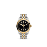 Elegant Tudor watch featuring a black dial, diamond markers, and a luxurious two-tone strap.