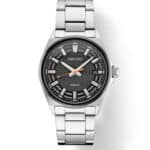 Stylish Seiko watch with black dial, stainless steel bracelet, luminous hands, and orange second hand.