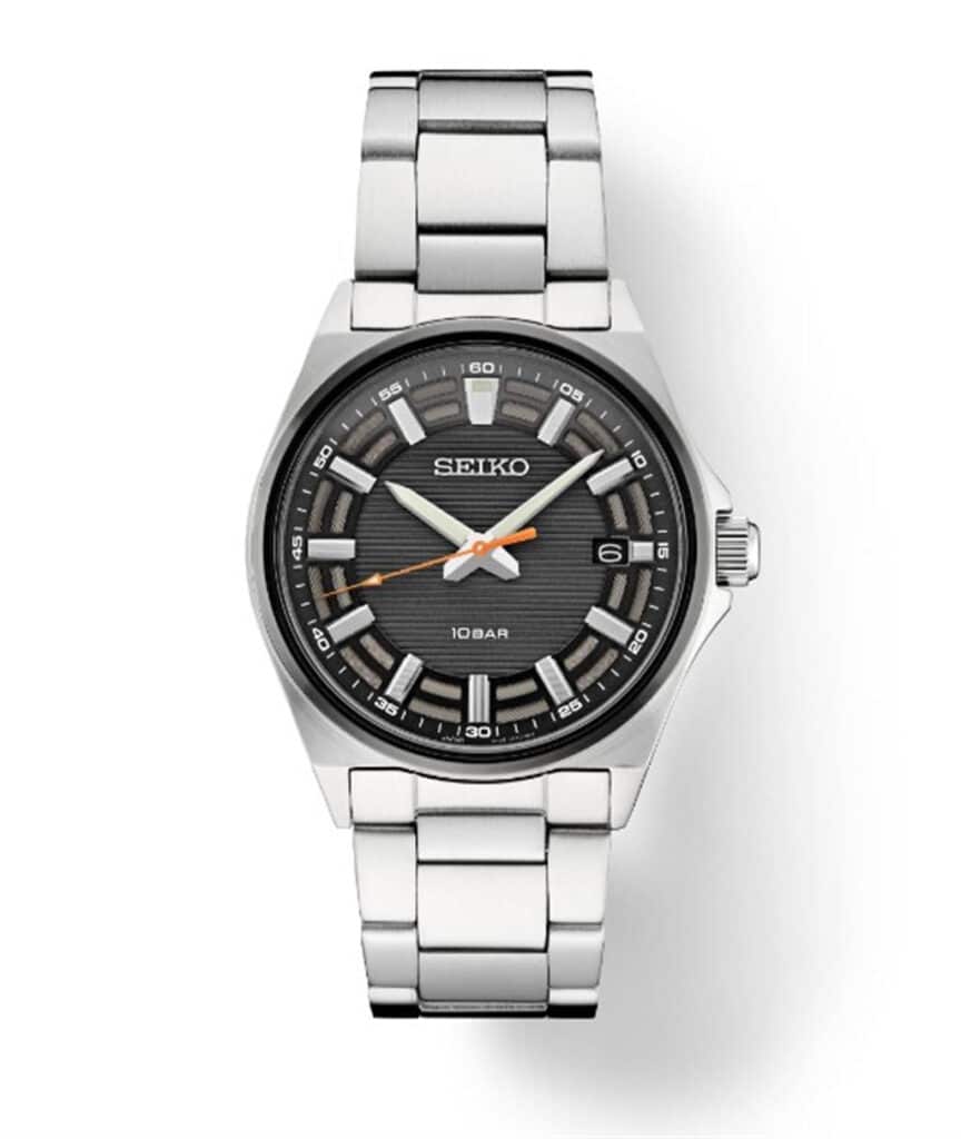 Stylish Seiko watch with black dial, stainless steel bracelet, luminous hands, and orange second hand.