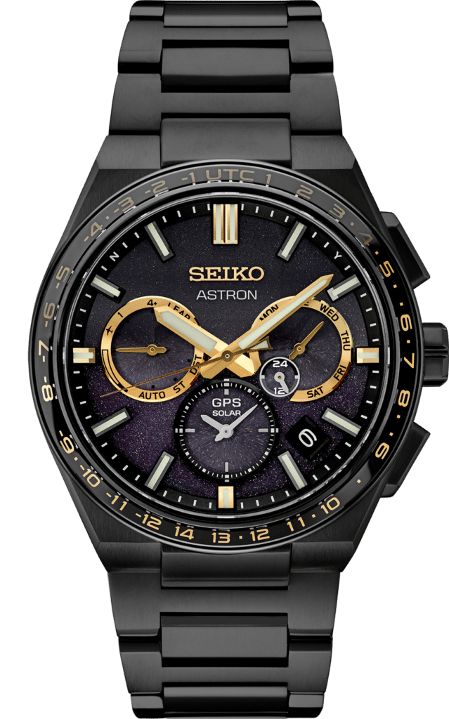 Elegant Seiko Astron watch in black stainless steel with a cosmic purple dial and gold accents.