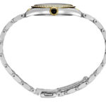 Elegant stainless steel wristwatch with dual-tone bezel and onyx gemstone detail.