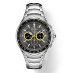 Sleek Seiko Coutura chronograph watch with stainless steel design and striking yellow sub-dials.