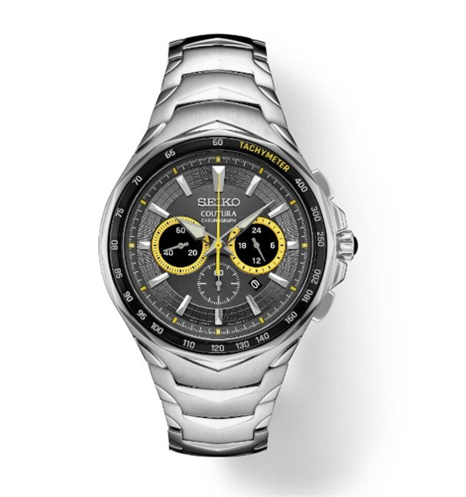 Sleek Seiko Coutura chronograph watch with stainless steel design and striking yellow sub-dials.