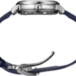 Elegant stainless steel wristwatch with dark blue leather strap, perfect for luxury occasions.