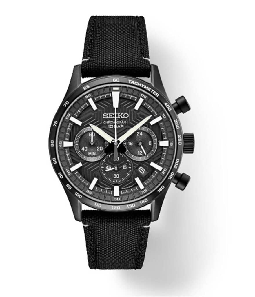 Sleek black Seiko chronograph watch with textured dial and sporty fabric strap.