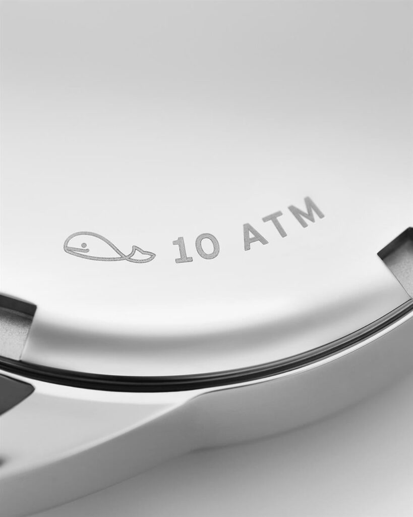 Sleek stainless steel watch back with water resistance, whale engraving, perfect for aquatic adventures.
