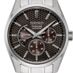 Elegant Seiko Presage Automatic watch with textured brown dial and stainless steel bracelet.
