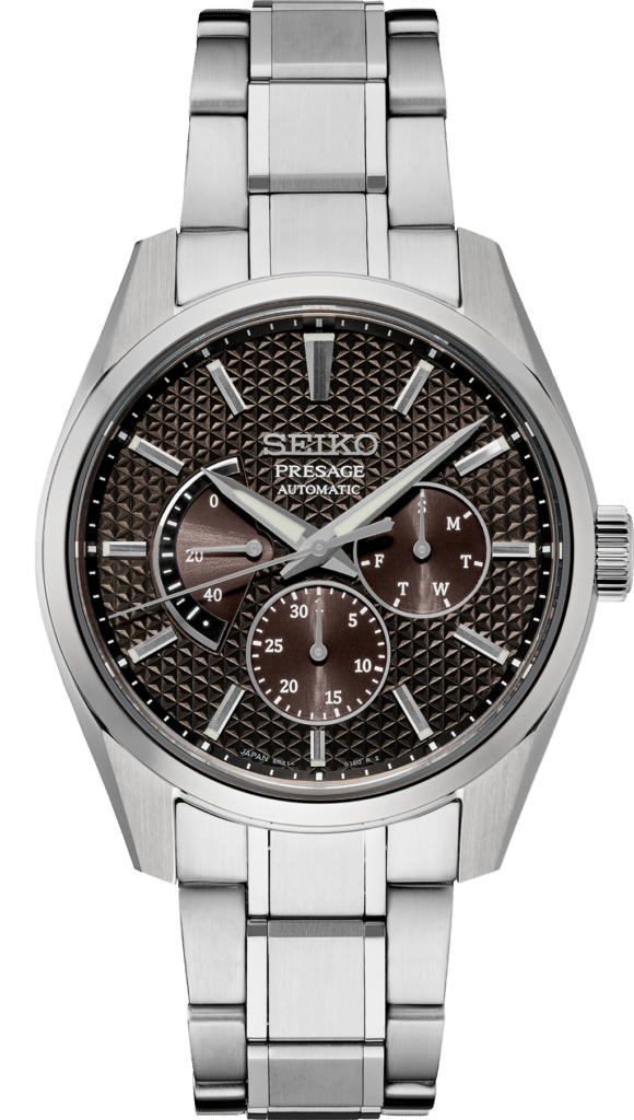 Elegant Seiko Presage Automatic watch with textured brown dial and stainless steel bracelet.