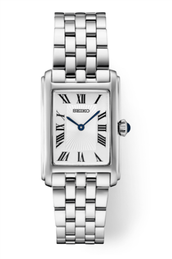 Elegant Seiko rectangular wristwatch with stainless steel case and minimalist white dial.
