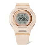 Stylish G-Shock watch in light beige with gold accents, ideal for fitness and outdoor activities.
