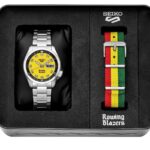 Stylish Seiko watch set with vibrant yellow dial and colorful fabric strap in elegant packaging.