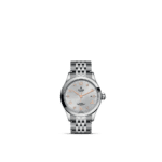 Elegant Tudor watch with stainless steel case and bracelet, featuring a textured silver dial.