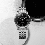 Elegant Seiko Presage watch with black dial and stainless steel bracelet against a minimalist background.