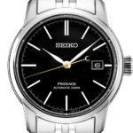 Elegant Seiko Presage automatic watch with black dial and stainless steel bracelet.