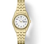 Elegant gold Seiko watch with a white dial, featuring day and date display.