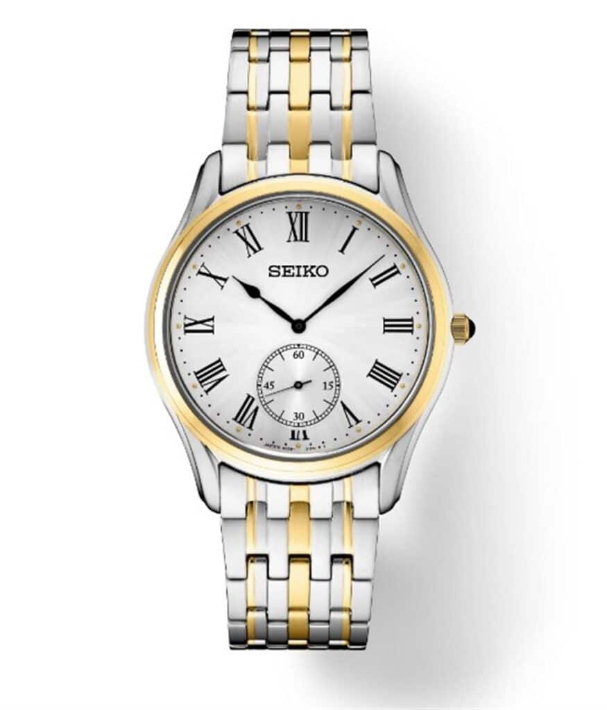 Elegant Seiko wristwatch with Roman numerals, dual-tone bracelet, and classic design features.