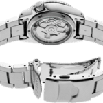 Sophisticated stainless steel wristwatch with a transparent case back showcasing intricate mechanical movement.