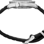 Sleek stainless-steel diving watch with black rubber strap and unidirectional bezel for precision timing.