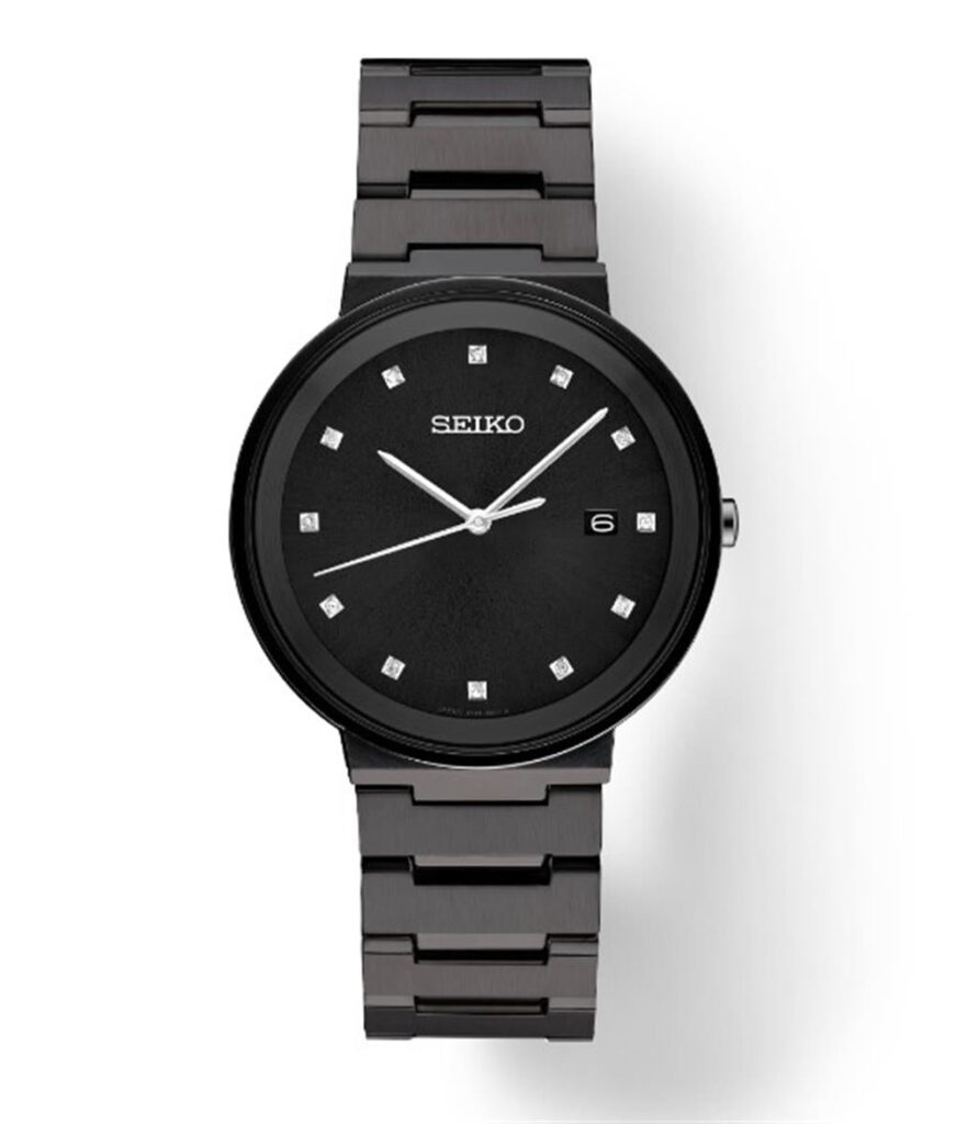 Elegant black Seiko wristwatch with diamond markers and date display for modern style.
