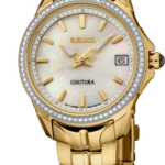 Elegant Seiko Coutura watch featuring a gold-tone bracelet and pearlescent white dial with crystals.