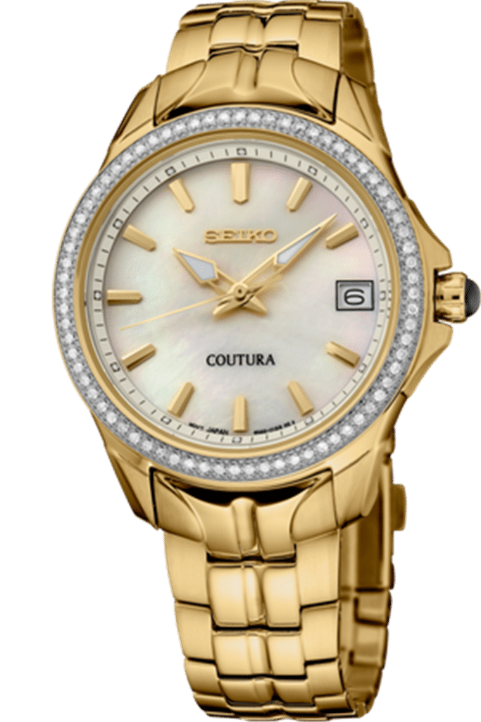 Elegant Seiko Coutura watch featuring a gold-tone bracelet and pearlescent white dial with crystals.