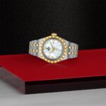 Luxurious stainless steel and gold watch with a stunning mother-of-pearl dial, showcased elegantly.