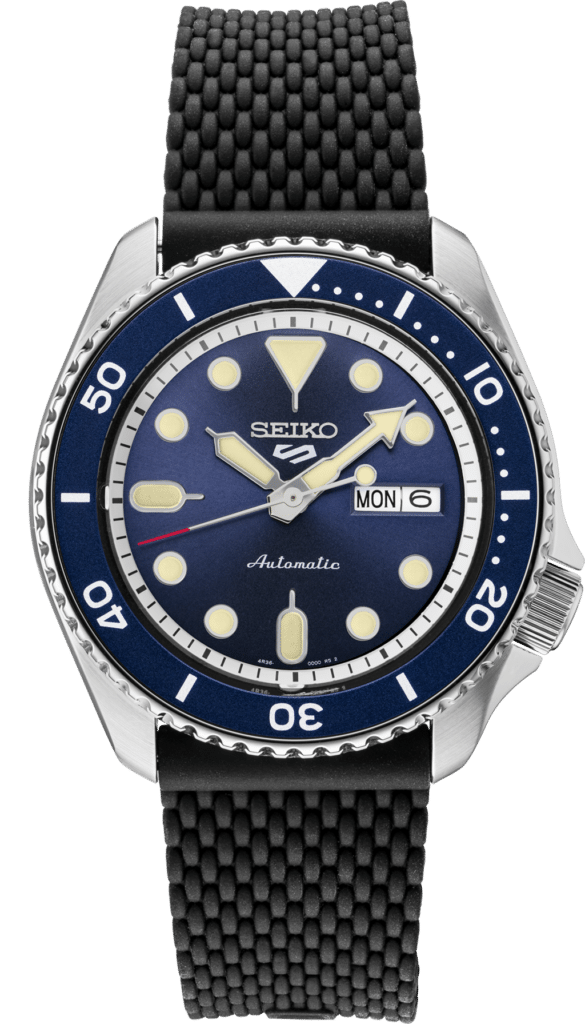 Seiko automatic diving watch with blue dial and durable rubber strap for outdoor adventures.