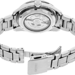 Elegant stainless steel Seiko watch with transparent case back and intricate mechanical movement.