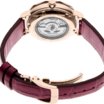 Elegant rose gold watch with mechanical movement, sapphire crystal, and burgundy leather strap.