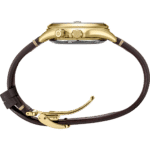 Elegant gold watch with a brown leather strap, perfect for any occasion.