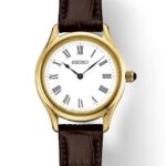 Elegant Seiko watch with gold case, white dial, and brown leather strap. Perfect for any occasion.
