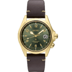 Elegant Seiko automatic watch with green dial, gold-tone case, and brown leather strap.