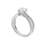 Elegant engagement ring featuring a square-cut diamond and intertwined white gold band.