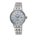 Elegant Seiko Presage watch with icy blue dial and stainless steel bracelet for timeless style.