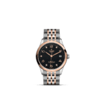 Elegant Tudor watch in stainless steel and rose gold with black dial and diamond markers.