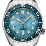 Seiko divers watch featuring an aquamarine dial and robust stainless steel design.