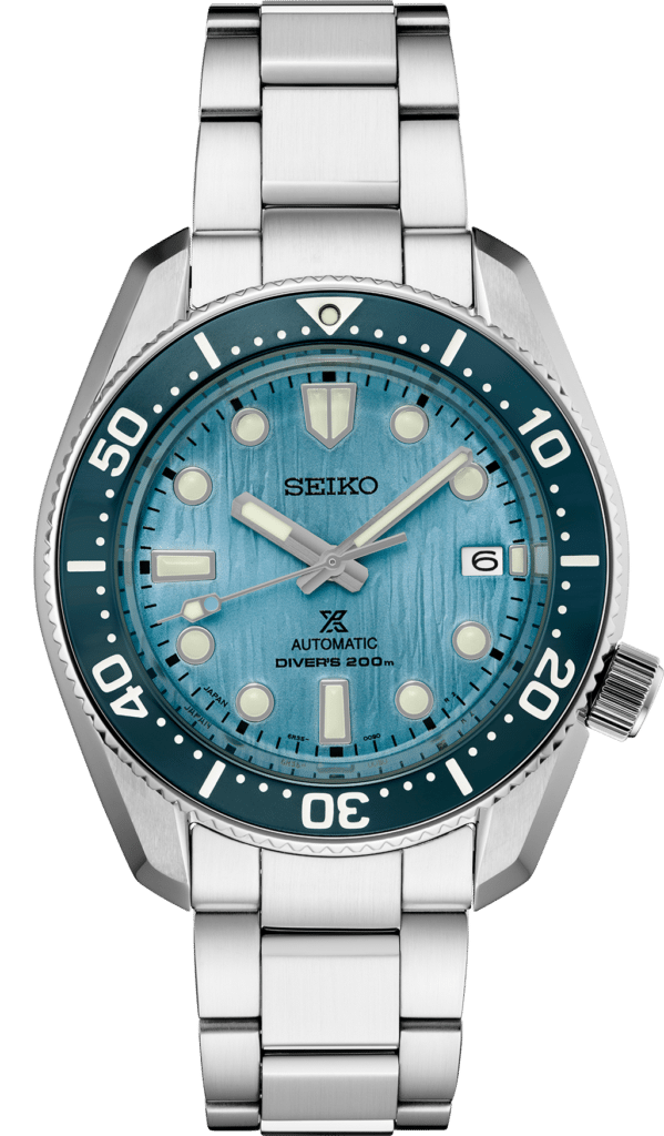 Seiko divers watch featuring an aquamarine dial and robust stainless steel design.