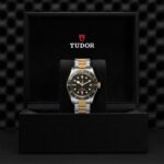 Luxury Tudor watch in elegant box, featuring a two-tone stainless steel and gold design.